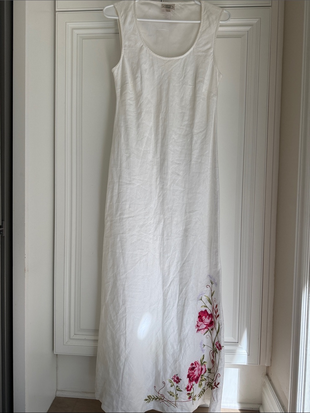 Laura Ashley White Maxi Dress with Pink Floral Embroidery